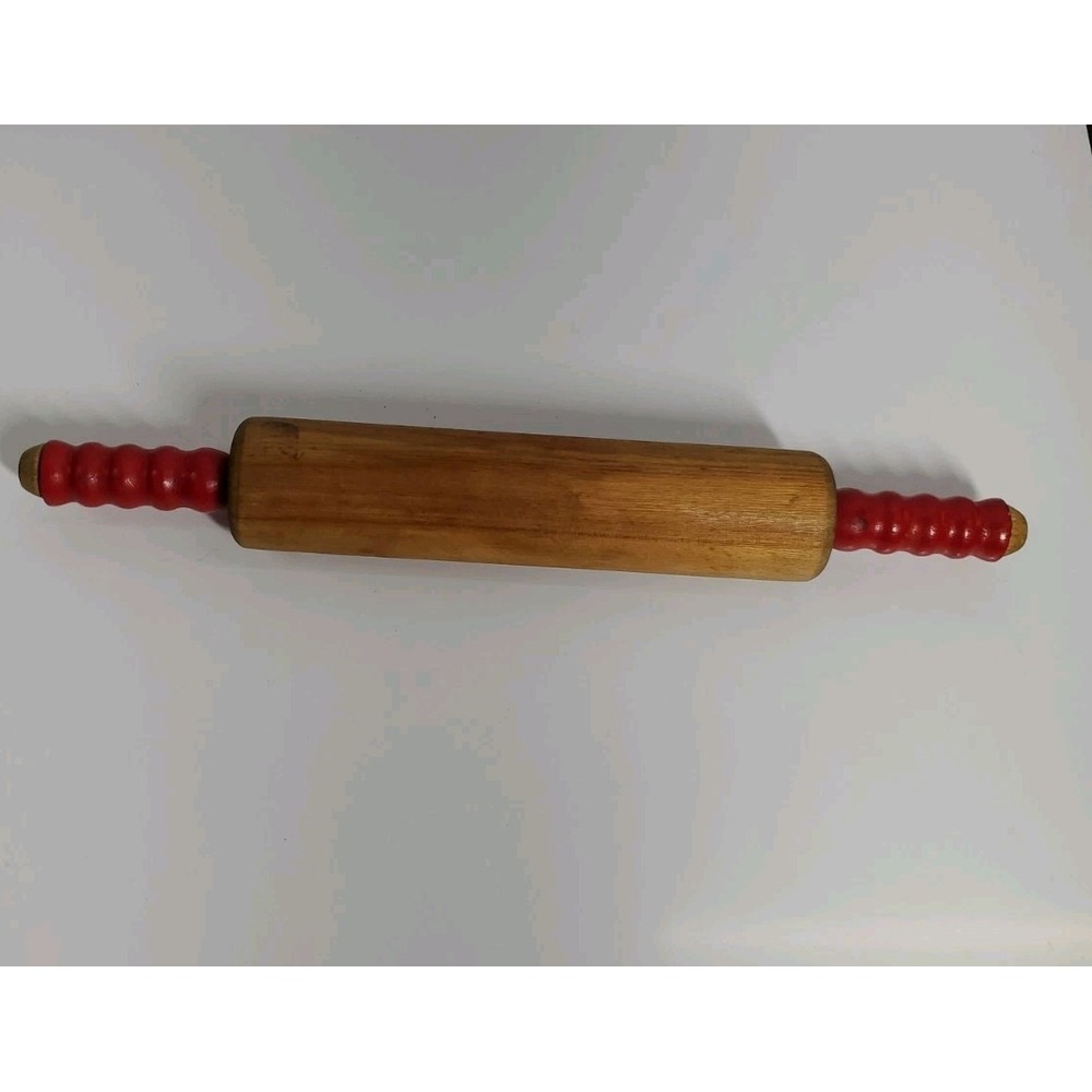 Vintage Wooden Rolling Pin With Red Painted Handles Farmhouse